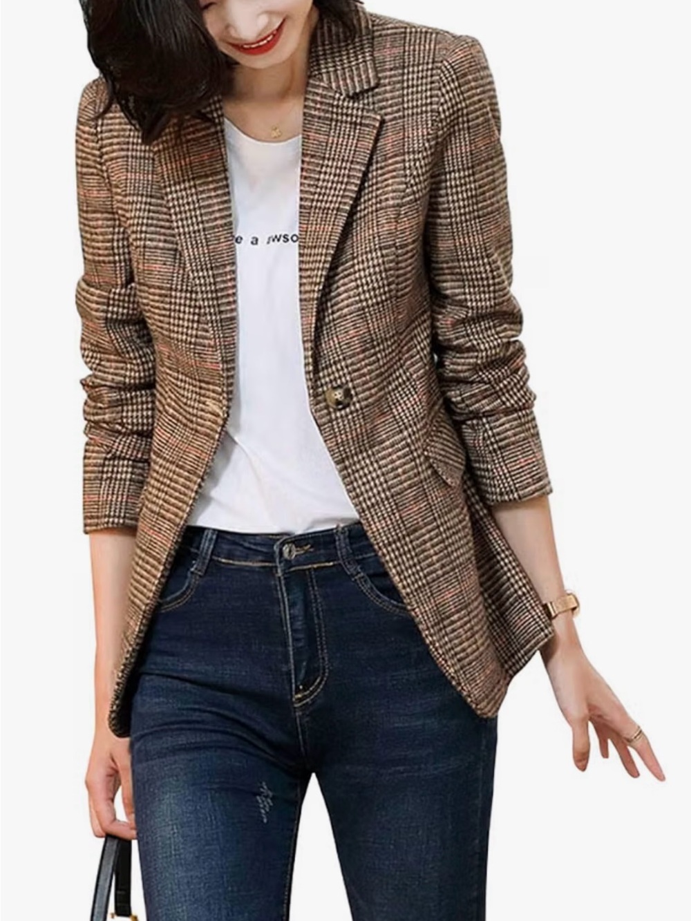 Women's Brown Plaid Single-Button Blazer
